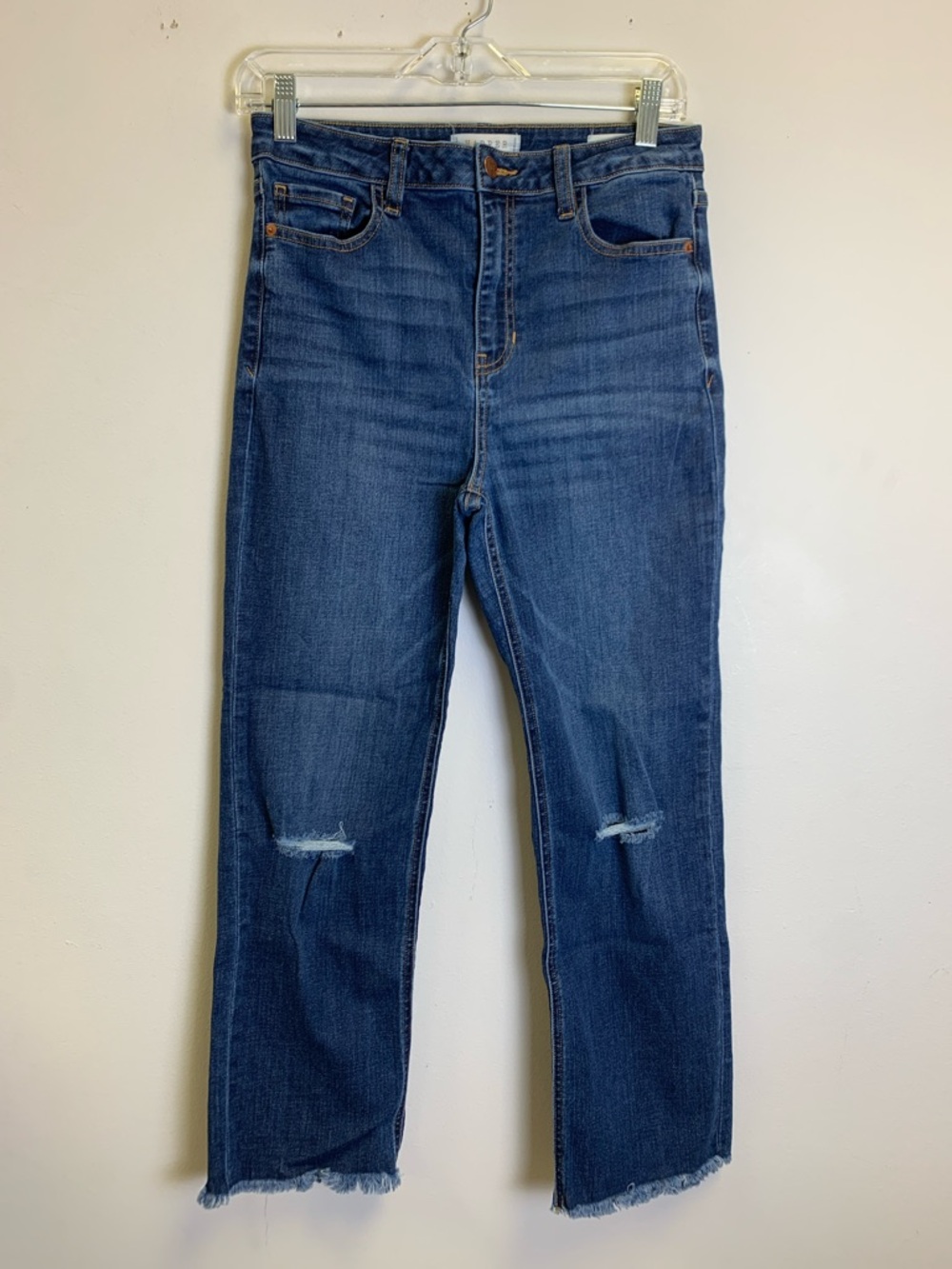 Harper Heritage High-Rise Straight Leg Jeans in Indigo with Knee Distress